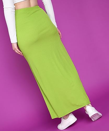 Image of POPWINGS Casual Solid Self Design Rib Long Slit Skirt for Women - Stylish Summer Skirt