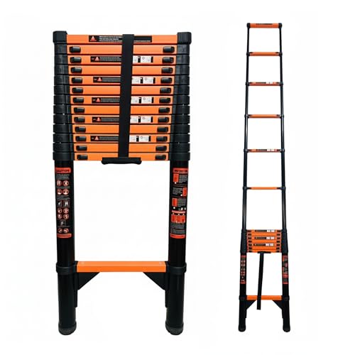 Image of BonKaso Telescopic Ladder 5.5m (18 Ft), 14 Steps | Heavy-Duty Foldable Alloy Steel Ladder with Anti-Slip Steps, 150kg Load Capacity, Rustproof, EN131 Certified | Matt Black & Orange
