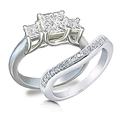 Venetia 3-Stones Top Grade Realistic Princess Cut Simulated Diamond Ring Curve Band Set 925 Silver Platinum Plated cz cubic zirconia Cover