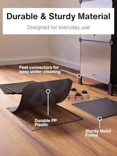 Image of BOXJOY 8 Shelf Shoe Rack with 4 Transparent Doors, 5 Hook Steel Holder & Wooden Hammer, Home Storage PP Plastic Organizer with Metal Door Frame to Cover Chappal Slipper Sandals Shoes Box Stand (Black)