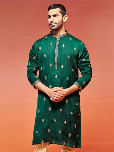 Image of VASTRAMAY VM Mens Silk Blend Kurta - Timeless Elegance for Festivals & Events | Banarasi Cotton with Silk Dobby Jacquard Mandarin Collar Full Sleeves Kurta with a Contrast Piping