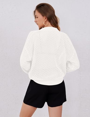 Image of HOCANDY Womens Zip Up Crochet Cardigan Sweater Oversized Long Sleeve Hollow Out Knit Bomber Jacket Fishnet Sweaters