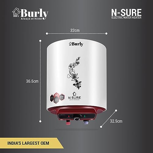 Image of BURLY nSure 6 Litre 8 Bar German Powder Coated Technology Premium Metal Glassline 5 Star Rated Storage Water Heater (White,Mehroon)