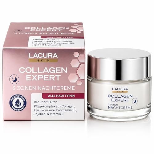 LACURA SKIN Collagen Expert Crema de noche con 3 zonas, 50 ml, cuidado nocturno antiedad con colágeno, ácido hialurónico y provitamina B5, reduce las arrugas, para todos los tipos de piel