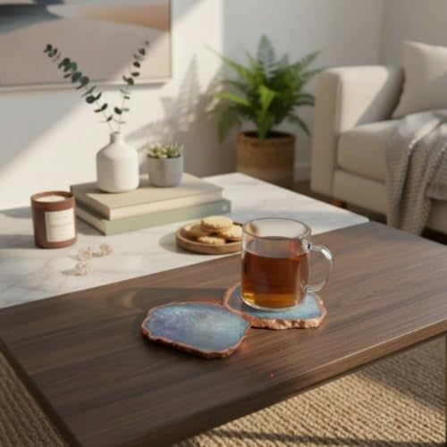 Image of Pack of 2 Agate Stone Rose Gold Plated Coaster | Tea Coaster for Dining Table | Coasters for Cups Set | Dining Table Decorative Item for Table | Vintage Handmade Coasters | Blue