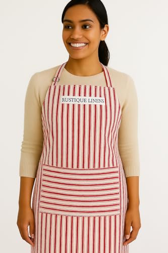 Image of Kitchen Apron - 100% Cotton, Adjustable Neck strap, Large Pocket - Unisex Apron for Men & Women - Cooking, Baking, BBQ, Gardening - Solid Colours, Striped and Checkered Patterns