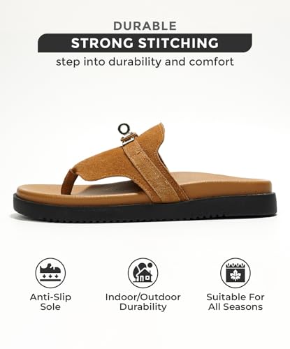 Image of Project Cloud Genuine Leather Womens Sandals - Memory Foam Summer Sandals for Women 2025 - Slip on Slides for Women, Non Slip Womens Slides (Vita, COGN, 7.5)