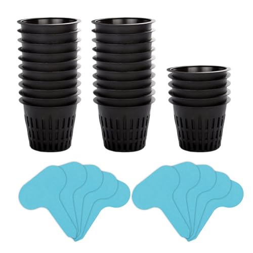 MoSundi 25 Plastic Planting Baskets Set for Soilless Cultivation with Optimal Drainage, Indoor Outdoor Gardening Pots with Plant Labels, Black