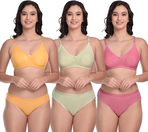 MiEstilo Essential Elegance Lingerie Set Full Coverage Non-Padded T-Shirt Bra and Matching Hipster Panty (Pack of 4; Green::Gold::Cream::Baby Blue)