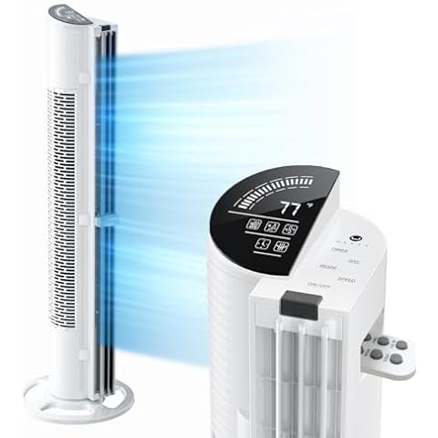U ULTTY Tower Fan for Bedroom, 30ft/s Velocity Quiet Floor Fan, 60° Oscillating Fans for Indoors with 6 Speeds, 4 Modes, 15H Timer, Standing Fans, Bladeless Fan, White, (TF-4001R) Cover