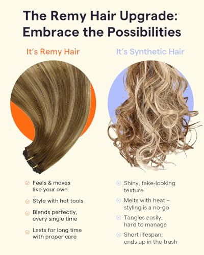 Image of Full Shine Real Hair Extensions Clip in Human Hair, 14 Inch 3 Pcs 60g | Medium Brown to Caramel Blonde Balayage, Clip in Hair Extensions, Lightweight Feel, for Women