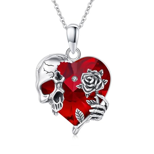 Image of S925 Sterling Silver Skull Pendant Necklace Heart Crystal Birthstone Skull Necklace Gothic Jewlery Gifts