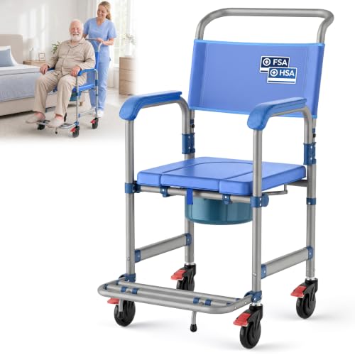 Image of 4-in-1 Bedside Commode with Wheels, Heavy Duty Shower Chair, 330LBS Capacity, 360 Lockable Casters, 18.9 inch Wide Seat, Detachable 6L Bucket, Portable Toilet for Elderly and Disabled
