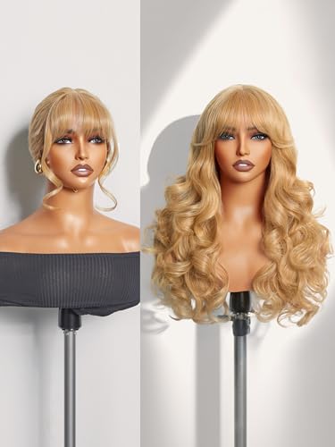 GORGIUS Glueless Wavy Wig with Bangs Honey Blonde Synthetic Curtain
