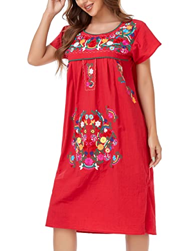 Image of YZXDORWJ Women Mexican Embroidered Long Dress Ruffle Collar Maxi Boho Floral Summer Short Sleeve