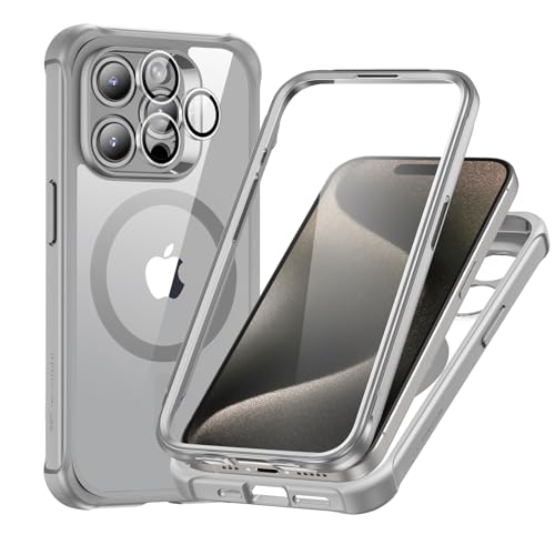 ESR for iPhone 15 Pro Max Case, Compatible with MagSafe, Full-Body Military-Grade Drop Proof Case with Built-in 9H+ Tempered Glass Screen Protector, Armor Series, Clear Grey