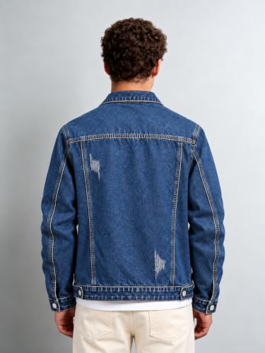 Image of Men's Indigo Blue Denim Jacket | Distressed Trucker Style | Regular Fit Casual Denim Jacket for Men | Premium Quality | Perfect for Casual & Outdoor Wear