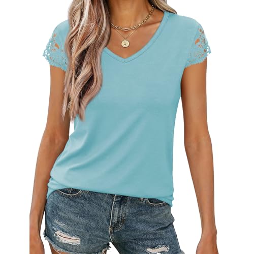 Image of Womens Tops V Neck Short Sleeve T Shirts Womens Summer Tops Casual Soft Basic Lace Tops Spring Summer Tees Clothes 2026