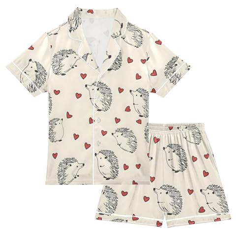 ALAZA Funny Hedgehog Love Heart Satin Pajamas Set Short Sleeve Button Down Sleepwear Summer Pjs 2 Piece