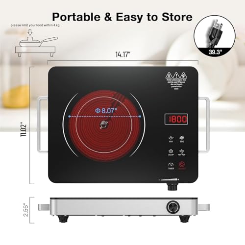 Image of Portable Electric Cooktop 110V, 1800W Electric Stove Infrared Hot Plate with Knob Control, Nafewin Single Burner Countertop Burner with Handle, 4-Hours Timing Setting, Compatible for All Cookwares
