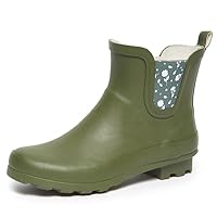 Laura Ashley Ladies Mid Cut Ankle Height Rubber Rain Boots, Army Green Petals, 8