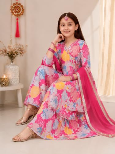 Image of Preneum Girls's Ethnic Cotton Bandhani & Lehariya Printed 3 /4 Sleeves Gotta Patti Angrakha Kurta with Sharara Set