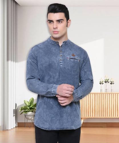 Image of Kuons Avenue Men's Denim Casual Short Kurta | Mandarin Collar | Full Sleeves | Tailored Fit- Stylish Ethnic Wear