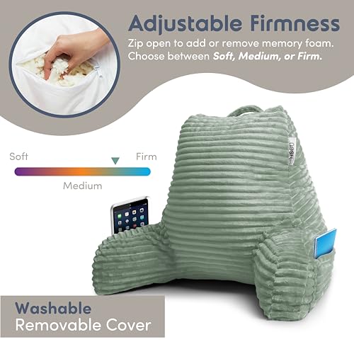 Image of Nestl Reading Pillow with Shredded Memory Foam, Luxe Cut Plush Back Pillow for Sitting Up in Bed, Back and Arms Adjustable Support for Adult & Teens, Backrest Pillows with Washable Cover Sage Green