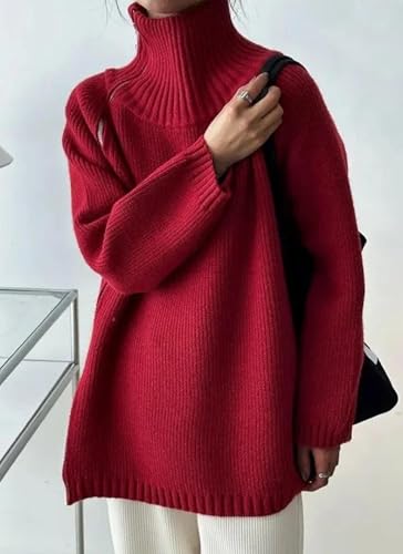 Women's Oversized Sweaters Red Turtleneck Zip Pullover Sweater 2025 Fall Winter Long Sleeve Ribbed Knit Jumper Tops3