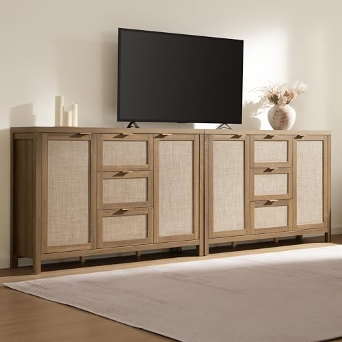 Image of SICOTAS Rattan 52 Inch Sideboard Buffet Coffee Bar Cabinet with 3 Drawers | 2 Pieces Farmhouse Boho Credenza Storage Cabinet with Large Storage, Console Table for Living Room, Kitchen, Entryway