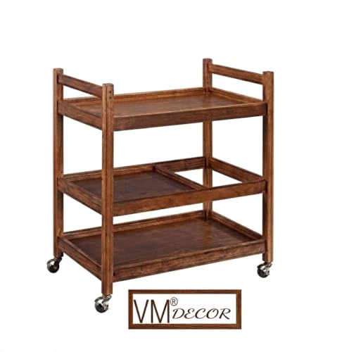 Image of Wooden Wine cart Serving bar Trolley with Wheel Black Finish (30x18x32 inches, Brown)