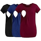 Smallshow 3 Pack Nursing Tops Short Sleeve Side Ruched Breastfeeding Clothes,Black-Navy-Maroon,M