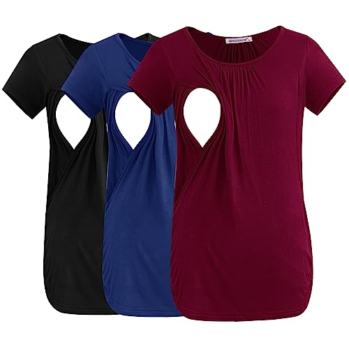 Smallshow 3 Pack Nursing Tops Short Sleeve Side Ruched Breastfeeding Clothes,Black-Navy-Maroon,M