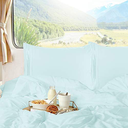 Image of Nestl Light Blue Short Queen Sheets for RV, Hotel Luxury RV Queen Sheets Set, 6 Piece Fitted Bed Sheet Set and Pillowcases, Super Soft, Wrinkle-Free, and Breathable Camper Bedding