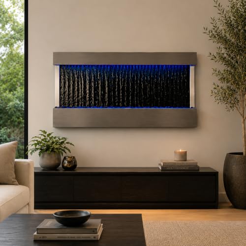 Image of 47 inches Indoor Wall-Mounted Waterfall Mirror Fountain - LED Lighted Silver Metal Decor with Rock Base by XBrand