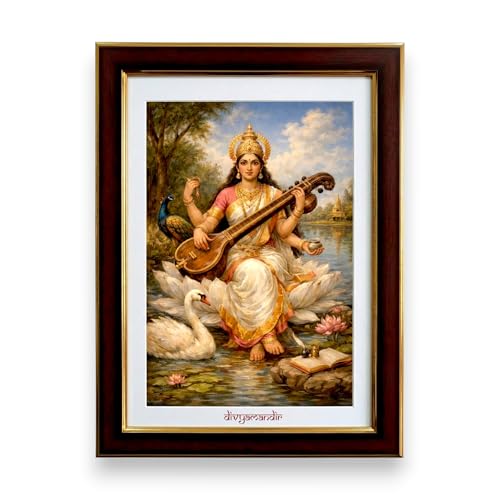 Image of divyamandir Maa Saraswati Framed Wall Art (18 x 14 Inches) | Traditional Hindu Goddess Painting with Glass Frame | Decorative Photo Frame for Home, Pooja Room & Office Decor (Maa Saraswati)