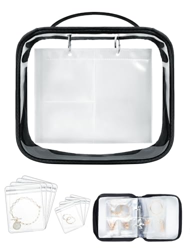 Remedare Organizador de joyas de viaje – Soporte transparente con cremallera, libro de almacenamiento portátil para aretes, anillos, collares, pulseras (incluye 48 bolsas pequeñas y 24 grandes