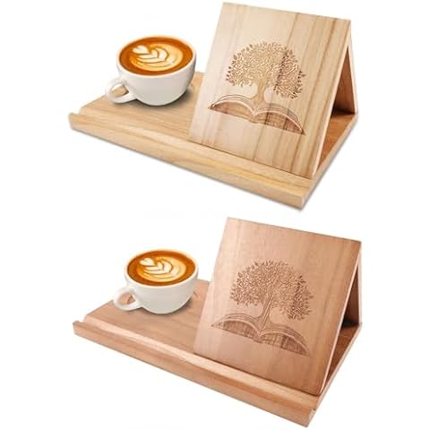 LYOOMALL 2Pcs Wooden Small Bookshelf, Triangle Book Holder Stand for Page Rest, Book Seat with Cup & Pen Holder, Mini Bookcase for Bedroom Nightstand, Office Desk and Living Room (Wood Color+Brown) Cover