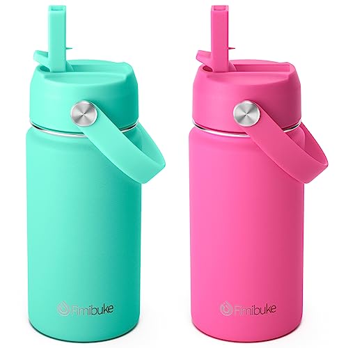 Fimibuke Botella de agua aislada para niños, paquete de 2 vasos de viaje de metal de acero inoxidable 18/8, sin BPA, sin BPA, a prueba de fugas, taza para niños con popote 004-3