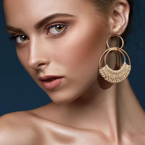 Aclokoo 4 Pairs Handmade Raffia Rattan Bohemian Round Drop Dangle Earrings For Women thumb #2