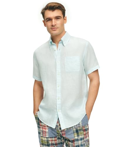 Brooks Brothers Men's Short Sleeve Button Down Linen Sport Shirt, Solid, Bleached Aqua, Small : Clothing, Shoes & Jewelry