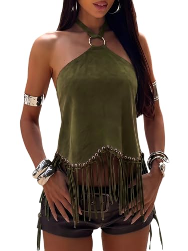 Verdusa Women's Western Fringe Halter Tops Going Out Country Concert Outfit