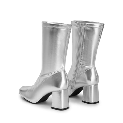 DREAM PAIRS Women's Mid Calf Gogo Boots Low Block Heel Square Toe Ankle Boot with Zipper for Party Cosplay Dance,Size 9,Metallic Silver,SDMB2301W-1