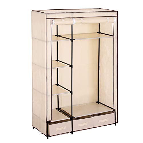 WOLTU SS5027cm Kleiderschrank Stoff, Garderobenschrank Faltschrank, Stoffkleiderschrank mit Kleiderstange mit Schublade, Crème Weiss, 110x46x168 cm
