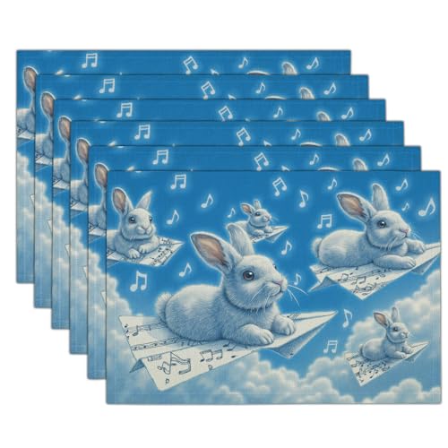 Juego de 8 Manteles Individuales Avión De Papel De Conejo de Algodón y Lino, Salvamanteles Individuales Notas del Cielo Azul Decoración para Cocina, Vacaciones, Fiesta, 45 x 30 cm, Azul