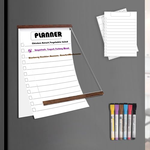 Acrylic Magnetic Magnetic Whiteboard for Fridge w/Markers – Reusable Meal Planner & Calendar Set, Minimalist Clear Design, Replaceable Weekly & Monthly Templates, Premium Kitchen Organizer, 12.7"x8.3"
