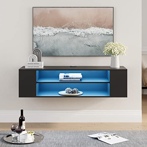 WAMPAT Floating TV Shelf with Blue Lights for 32-55 inch TV, Floating TV Stand Wall Mounted with Adjustable Shelf, 3-Tier Media Console Under TV for Living Room Bedroom, Black