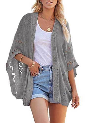 Image of Ermonn Crochet Cardigan Sweaters for Women Open Front Kimono Batwing Sleeve Plain Casual Lightweight Outerwear