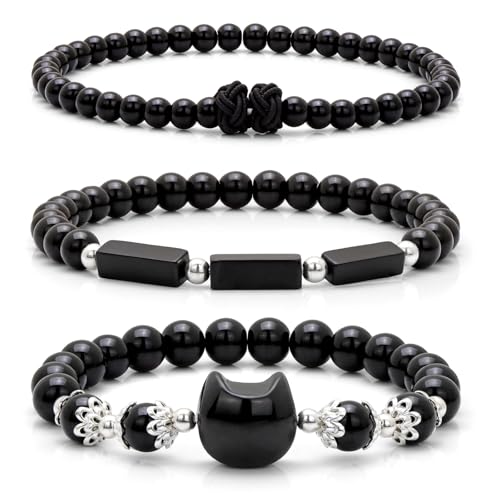 3Pcs Money Attraction Cat Bracelet - Black Obsidian Women Bracelets -Wealth Prosperity Abundance Stone Bead Bracelet,Crystal Spiritual Cute Protection Stretch Bracelet,Good Luck Feng Shui Bracelets For Women Gifts