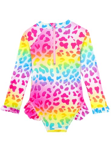 Image of Baby Toddler Girl Long Sleeve Ruffle Swimsuit One Piece Zipper Rash Guard Bathing Suit with UPF 50+ Sun Protection